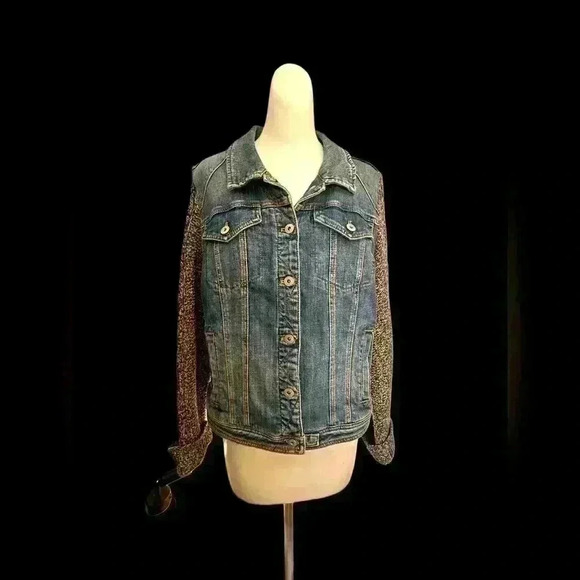 Anthropologie Denim Jacket with Cable Knit Sweater Sleeves - Picture 1 of 8